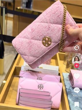 Tory Burch Pink Quilted Tweed Mini Chain Wallet with Gold Logo